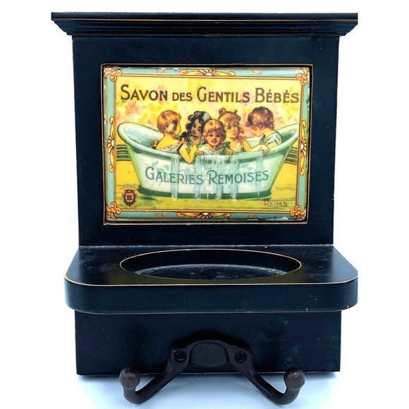 French Savon Des Gentils Bebes Small Wooden Shelf With Tile Display and Metal H - Picture 4 of 8